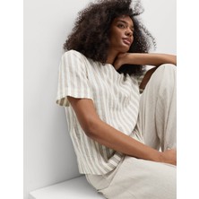Marks & Spencer Keten Karışımlı Çizgili Relaxed Fit T-Shirt