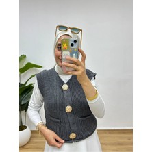 Moonsc Kadın Regular Fit Gold Düğmeli Çift Cepli Örme Gri Triko Yelek