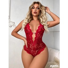 New Dreams Bordo Dantel Fantazi Body Gecelik, Derin V YakaTransparan Seksi İç Giyim Bodysuit, Sırt Dekolteli Kadın