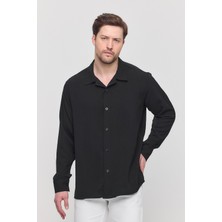 Gray Clothing Erkek Yazlık Terletmeyen Ütü Gerektirmeyen Salaş Oversize Uzun Kollu Bol Kalıp Gömlek Erkek Gömlek Siyah