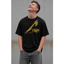 Unisex Metallica Sarı Logo Baskılı Tişört, Oversize Rock Band Temalı Bisiklet Yaka T-Shirt