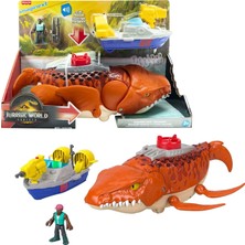 Vuralsin38 Imaginext World Rebirth Dev Ağızlı Mosasaurus, 45,5 Cm'lik Dinozor Oyuncağı, 7,5 Cm'lik Aksiyon Figürü, Fırlatıcılı Tekne ve 2 Cephane, JFR23