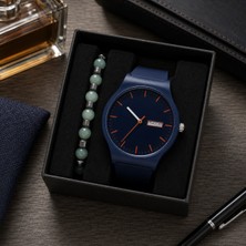 Jammy Jewerly Lacivert Kadran Erkek Saat ve Taşlı Bileklik Kombini