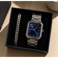 Jammy Jewerly Lacivert Kadran Köşeli Erkek Saat ve Çelik Bileklik Kombini