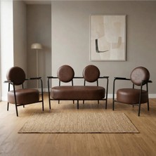 Azra Mobilya Venüs Acı Kahve Deri Koltuk Takımı 2+1+1 Siyah Metal Iskeletli Modern Ofis Ev Kullanımı Bekleme Koltuğu