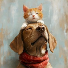 Aden Dijital Dekoratif  Kedi ve Köpek Dostluğu Kanvas Tablo
