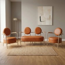 Azra Mobilya Venüs Taba Deri Koltuk Takımı 2+1+1 Cappuccino Metal Iskeletli Modern Ofis Ev Kullanımı Bekleme Koltuğu