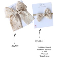 Liliza Accessories Bej Nakışlı Fisto Büyük Otomatik Fiyonk ve Bebek Bandı - Anne Yenidoğan Bebek Seti