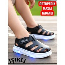 Ellaboni Işıklı Cırt Cırtlı Çocuk Siyah Yumuşak Ortopedik Taban Spor Sandalet Terlik