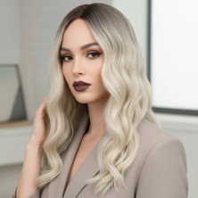 Ezel Glory Dalgalı Perçemli Fiber Sentetik Orta Boy Peruk / Kahverengi / Beyaz Platin Ombreli