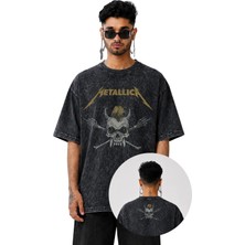 Unisex Punkist Skull Metallica Ense Baskılı Yıkamalı T-Shirt,oversize Rock Band Temalı Retro Tişört