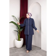 Weak Blue Kadın Tesettür Takım Çift Kat Görünümlü Fermuarlı Tunik Bol Paça Pantolon Moda Kumaş Ikili Takım