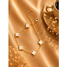 Jammy Jewerly Beyaz Yonca Detaylı Gold Renk Kadın Bileklik