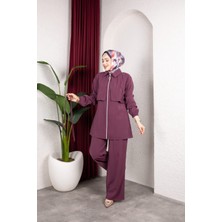 Weak Blue Kadın Tesettür Takım Çift Kat Görünümlü Fermuarlı Tunik Bol Paça Pantolon Moda Kumaş Ikili Takım
