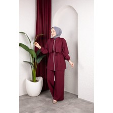 Weak Blue Kadın Tesettür Takım Çift Kat Görünümlü Fermuarlı Tunik Bol Paça Pantolon Moda Kumaş Ikili Takım