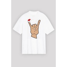 Marsilyan Yılbaşı Noel Başlıklı Serçe Parmak Baskılı Oversize Bisiklet Yaka T-Shirt - Beyaz