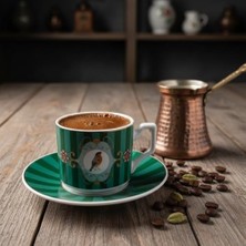 Vuralsin38 Özel Kutulu 2'li Porselen Türk Kahvesi Fincan Takımı - Kuş ve Kelebek Desenli Kırmızı/yeşil Renk Seçenekli Hediyelik Fincan 90 ve 100CC Seçenekli (Yeşil, 100CC, Kuş)