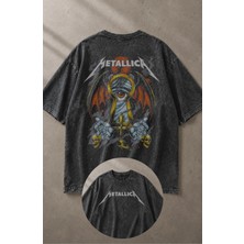 Fuddy Moda Unisex Gözlü Metallica Sırt Baskılı Yıkamalı Tişört, Oversize Rock-Metal Baskılı Retro T-Shirt
