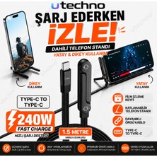 utechno 240W Type-C To Type-C Şarj ve Data Kablosu | Katlanabilir Telefon Standlı | 1.5m Premium Örgülü | Ultra Hızlı Şarj