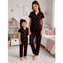 Aliş Kids Anne-Kız Çocuk Pamuklu Siyah Kalp Desenli Kısa Kollu Gömlek Yaka Düğmeli Pijama Takımı