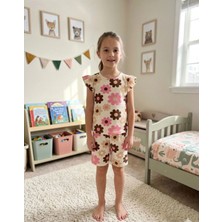 Aliş Kids Kız Çocuk Pamuklu Bej Rengi Papatya Desenli Kolları Fırfırlı Kısa Kollu Şortlu Yazlık Pijama Takımı