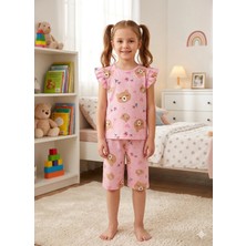 Aliş Kids Kız Çocuk Pamuklu Pembe Ayıcık Kalp Desenli Kolları Fırfırlı Kısa Kollu Şortlu Yazlık Pijama Takımı