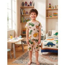 Aliş Kids Erkek Çocuk Pamuklu Bej Rengi Safari Desenli Kısa Kollu Şortlu Yazlık Pijama Takımı