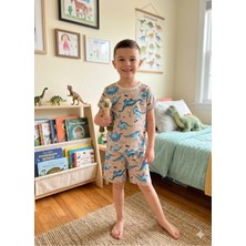 Aliş Kids Erkek Çocuk Pamuklu Bej Rengi Dinozor Desenli Kısa Kollu Şortlu Yazlık Pijama Takımı