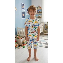 Aliş Kids Erkek Çocuk Pamuklu Beyaz Dinozor Desenli Kısa Kollu Şortlu Yazlık Pijama Takımı