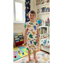 Aliş Kids Erkek Çocuk Pamuklu Beyaz Fil Zebra Safari Desenli Kısa Kollu Şortlu Yazlık Pijama Takımı