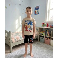 Aliş Kids Erkek Çocuk Pamuklu Kahverengi Sonic Desenli Kısa Kollu Şortlu Yazlık Alt Üst Takım