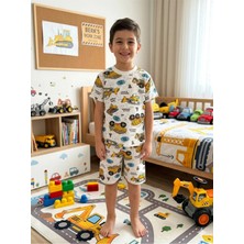 Aliş Kids Erkek Çocuk Pamuklu Beyaz Araba Iş Makinesi Desenli Kısa Kollu Şortlu Yazlık Pijama Takımı