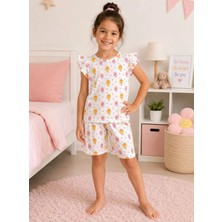 Aliş Kids Kız Çocuk Pamuklu Beyaz Çiçek Desenli Kolları Fırfırlı Kısa Kollu Şortlu Yazlık Pijama Takımı