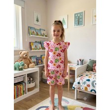 Aliş Kids Kız Çocuk Pamuklu Pembe Mantar Desenli Kısa Kollu Kolları Fırfırlı Şortlu Yazlık Pijama Takımı