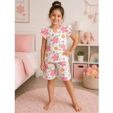 Aliş Kids Kız Çocuk Pamuklu Beyaz Pembe Çiçek Desenli Kolları Fırfırlı Kısa Kollu Şortlu Yazlık Pijama Takımı