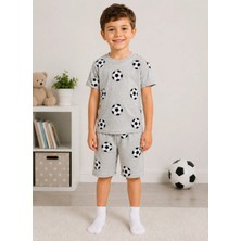 Aliş Kids Erkek Çocuk Pamuklu Gri Futbol Topu Desenli Kısa Kollu Şortlu Yazlık Pijama Takımı