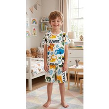 Aliş Kids Erkek Çocuk Pamuklu Beyaz Safari Aslan Desenli Kısa Kollu Şortlu Yazlık Pijama Takımı
