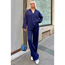 Swist Lacivert Pra Polo Yaka Oversize Kazak-Pantolon Örgü Kadın Alt-Üst Takım