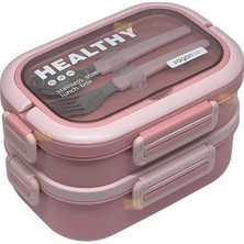 AvantajAl Vagonlife Bento 1650ML Paslanmaz Çelik 2 Katlı 3 Bölmeli Çatal ve Kaşıklı Yemek Kutusu Pembe