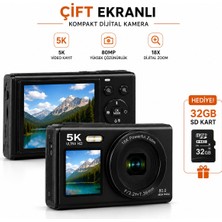 Raylax 5k Ultra Hd Çift Ekranlı Dijital Fotoğraf Makinesi 80MP Af Otomatik Odak 18X Zoom 32GB Sd Kart Hediyeli