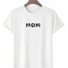 Giyimodam Anneler Günü Hediye Mom Çiçek Baskılı Oversize Bisiklet Yaka T-Shirt - Beyaz