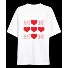 Civetta Anneler Günü Hediye Mom Kalp Baskılı Oversize Bisiklet Yaka T-Shirt - Beyaz