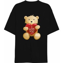 Civetta 14 Şubat Sevgililer Günü I Love You Ayı Baskılı Oversize Bisiklet Yaka T-Shirt - Siyah