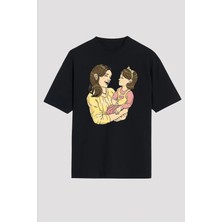 Alyn Wear Anneler Günü Hediye Anne Kız Temalı Baskılı Oversize Bisiklet Yaka T-Shirt - Siyah