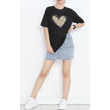 Alyn Wear 14 Şubat Sevgililer Günü Leopar Kalp Baskılı Oversize Bisiklet Yaka T-Shirt - Siyah
