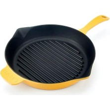 Vuralsin38 Metal Spring Serisi - Döküm Izgara Tavası, Yuvarlak, 28 Cm, Mat, Parlak Siyah Taban, Sarı
