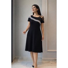 Alyn Wear Kadın Kısa Kollu Omuzlardan Açık Şerit Detaylı Midi Viskon Elbise