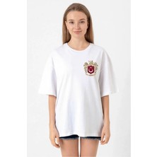 Deridün Yıldız Shoes Türk Arma Baskılı Oversize Bisiklet Yaka Günlük T-Shirt - Beyaz