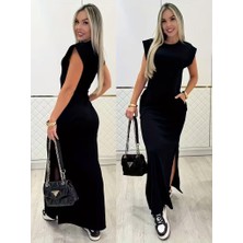 Moda Loris Kadın Kısa Kollu Vatkalı Cep Detaylı Yırtmaçlı Viskon Uzun Elbise