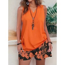 Alyn Wear Kadın Askılı V Yakalı Sandy Bluz ve Desenli Short Ikili Takım